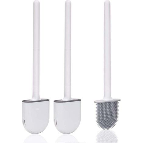 Toilet brush, (2 pieces) Silicone toilet brush, toilet brush and holder with soft bristles and a non-slip handle - quick cleaning and drying (White 2)