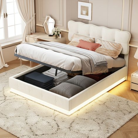 Camas con canapé abatible 140x190, cama 140x190 -  con espacio de guardado, cabecero acolchado con tira de luces LED integrada - somier de láminas, diseño, Beige (1/5)