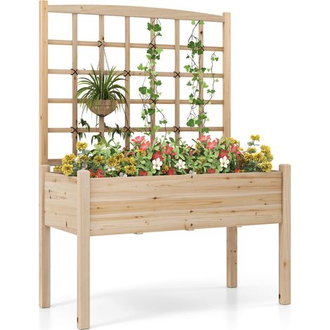 COSTWAY Raised Garden Bed w/ Lattice Trellis & Drainage Holes-Natural (1/5)