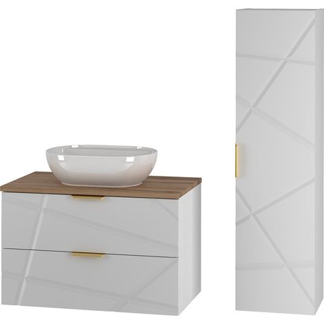 Conjunto de mueble lavabo individual 80cm y columna Aurora Blanco y Madera (1/4)