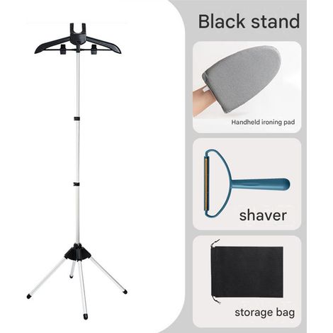Support de Repassage Vertical Pliable Réglable – Porte-Vêtements pour Défroisseur Vapeur avec Planche Manuelle, Rasoir Anti-Bouloche et Sac de Rangement 1 Pièce, Noir