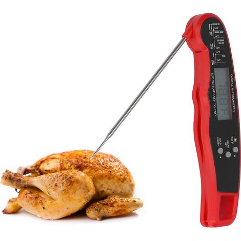 Doppelnadel-Grillthermometer, multifunktionales Fleischthermometer, Lebensmittelthermometer, Thermometer mit großem Digitaldisplay und eingebauter Batterie, Farbe: Rot. (1/5)