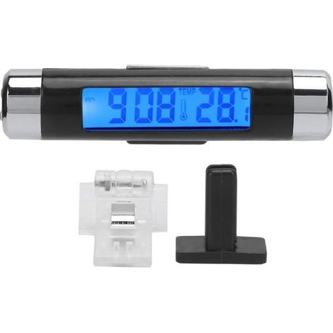 BelleRise - Thermomètre voiture 2en1 – LCD rétroéclairage bleu, horloge calendrier – pour tableau de bord auto – Noir (1/5)