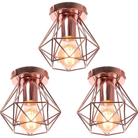 3 Pack Plafonnier Industriel Cage Métal Forme Diamant Lustre Suspension Luminaire Salon Couloir Doré Rose (1/5)