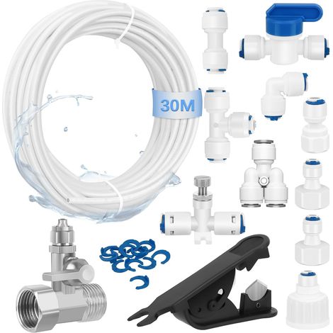 30m Tuyau d'Alimentation en Eau Universel, 35 Pièces Kit de Connecteur de Tuyau de Réfrigérateur 1/4", pour Réfrigérateur, Systèmes d'Osmose Inverse (Type Y + T + I + L + Vanne d'Arrêt + Coupe-tube) (1/5)