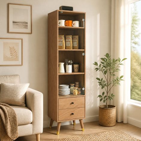 Mobile contenitore alto con vetrina, 3 ripiani regolabili, 2 cassetti, effetto legno HAVRYA (1/5)