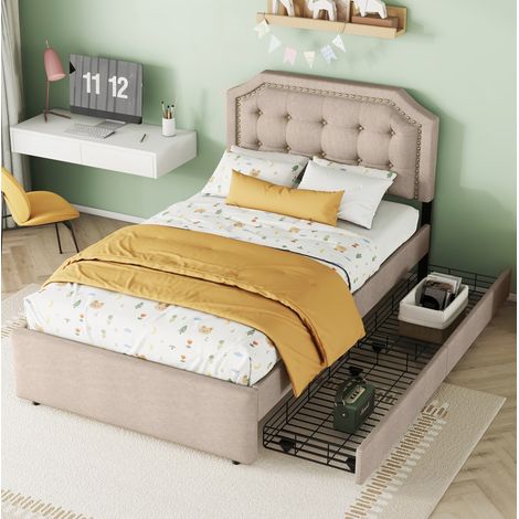 Letto imbottito moderno 90x200 cm, MDF e lino, beige scuro, testiera regolabile con borchie e 2 cassetti (1/5)