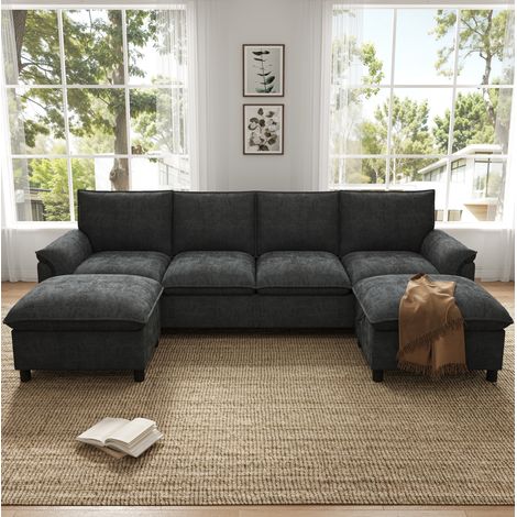 Sofá modular en U con 2 pufs móviles, asiento profundo, respaldo alto, chenilla negra HAVRYA (1/5)