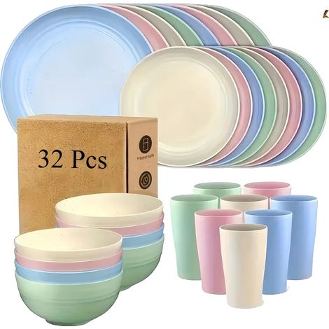 Juego de vajilla de plástico, platos llanos, cuencos, 32 piezas - COLOR (1/2)