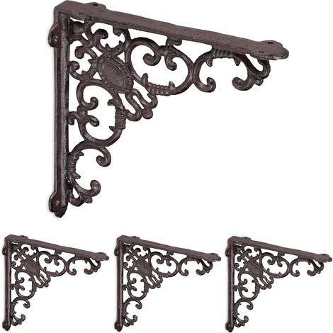 Relaxdays Regalwinkel, 4er Set, Gusseisen, antike Regalträger, Winkel Regalbretter, HxBxT: 21,5 x 4 x 21,5 cm, braun