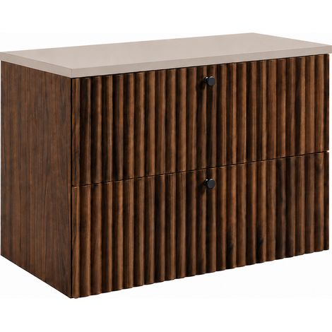 Meuble sous-vasque suspendu 80 cm, 2 tiroirs, avec plan de travail, Chêne noyer / Plan cachemire, poignées noires, 80 x 44,4 x 58,6 cm (1/5)