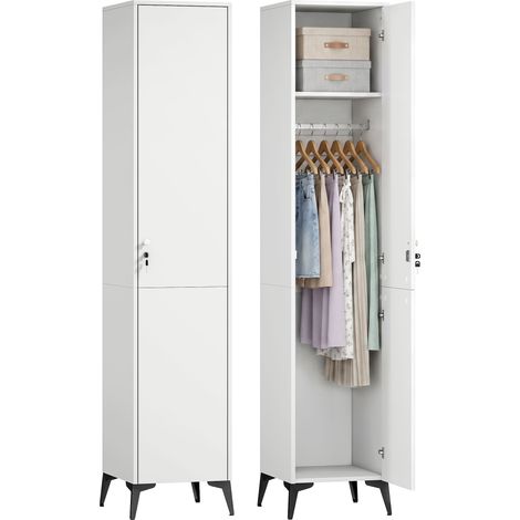 Armario estrecho para dormitorio con puerta, barra para colgar ropa y estantes de almacenamiento, 36 x 40 x 180 cm, blanco