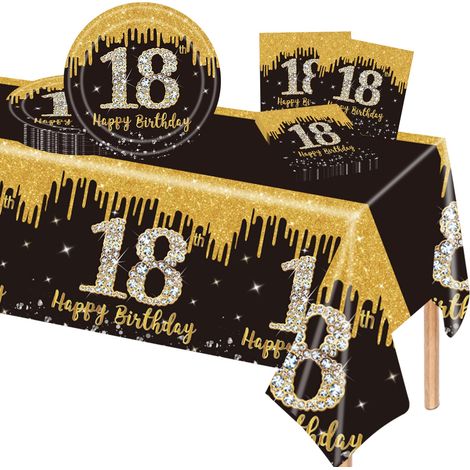 37 Pièces Assiette Vaisselle Jetable Anniversaire Kit,Noir Or Decoration Anniversaire Vaisselle 18 Ans Garçon Fille,Nappe Papier Assiette Serviette pour Decoration Anniversaire 18 Ans Cadeau (1/5)