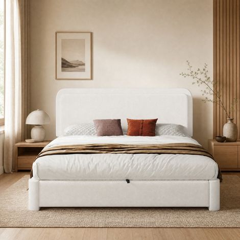 Cama tapizada 160/200 cm en blanco de bouclé con almacenaje y cabecero regulable (1/5)