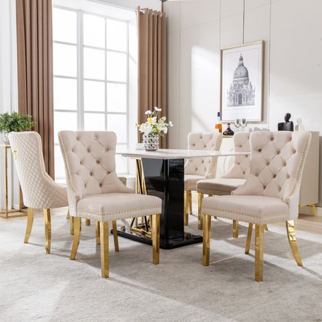 Esszimmerstuhl Polsterstuhl mit Zierklopfer und Nietenbesatz, Verstellbare Füße, Samt Beige und Goldfarben