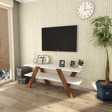 Banc TV blanc moderne avec pieds décor bois foncé MARFA