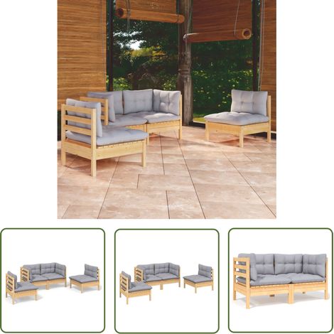 The Living Store Salon de jardin 4 pcs avec coussins gris Bois de pin massif - Salon De Jardin - Mobilier De Jardin - Ensemble Salon De Patio - Meubles De Jardin - Bois De Pin (1/5)