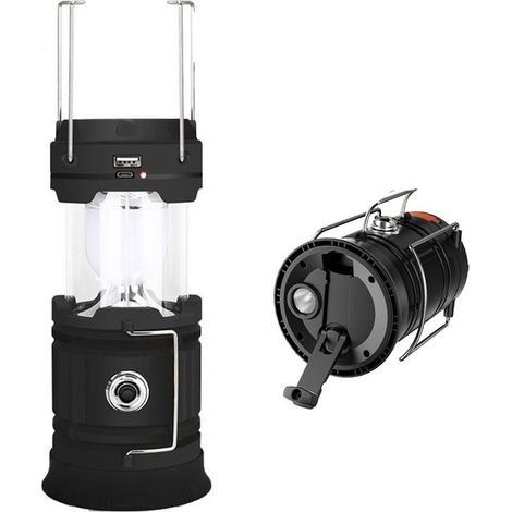 Solar/USB Rechargeable LED Lantern, Powerful Camping Lamp, 2 Modes Portable Garden Lantern, 360° Torch Hanging Lighting with Waterproof for Bivouac/Emergency/Garage/Basement/Fishing (Black) (1/5)