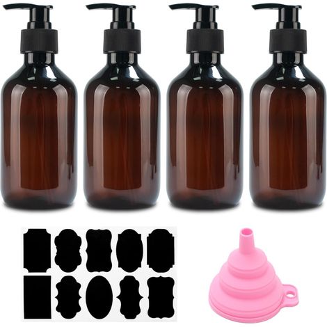 Set mit 4 Seifenspendern, 300 ml, Pumpflaschen für Shampoo und Duschgel, nachfüllbar, leer, für Dusche, Lotionen, Shampoos, Badeprodukte, mit Trichtern und Etiketten (braun) (1/5)