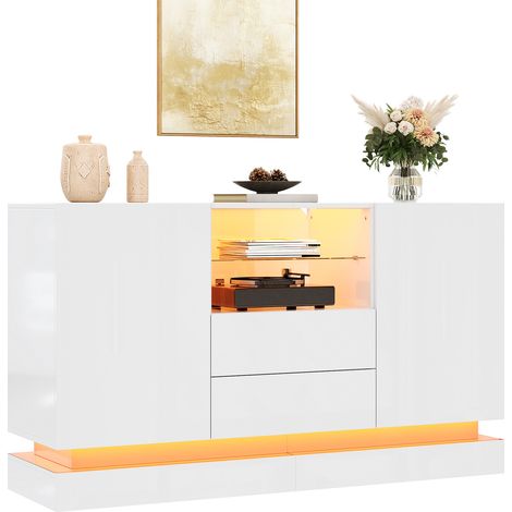 SideboardmitLED-Beleuchtung,Anrichte,Wohnzimmerschrank,Aufbewahrungsschrankmit2Türenund2Schubladen,Hochglanz-Oberfläche,offenemFachmitGlasboden,App-steuerbaremLED-Licht,Spanplatten (1/5)