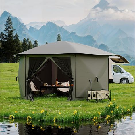 Tonnelle Pliante Hexagonale 3,5 x 3,5 m avec Moustiquaire, Toit Amovible, Abri Extérieur pour Jardin, Camping et Événements, Gris (1/5)