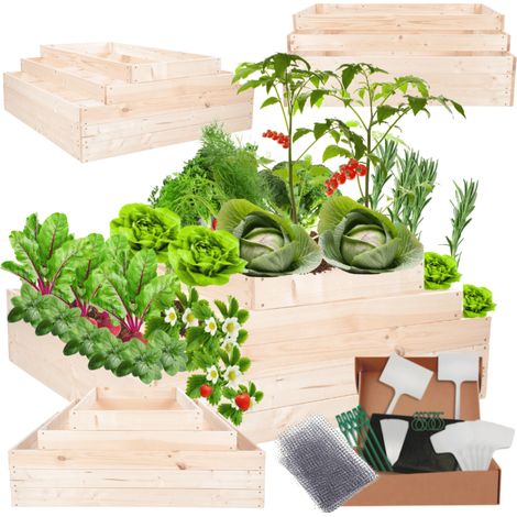 MODO24 ZP09 Carré potager surélevé en escalier modulable, bois de pin, herbes/légumes, jardin/terrasse/balcon, 45x117x120 cm, naturel