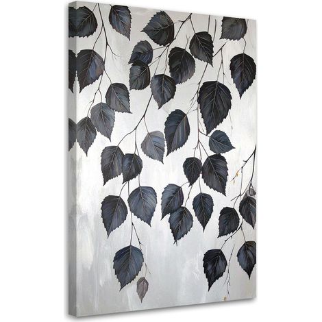 Toile Imprimée, Feuilles de bouleau noires sur fond gris,20x30 (1/4)