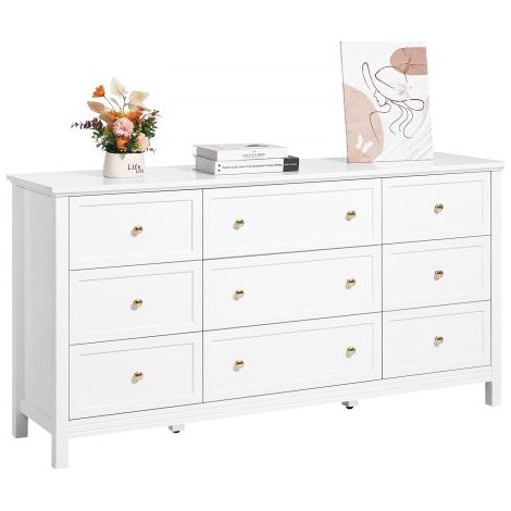Commode 9 tiroirs, meuble de rangement en bois avec système coulissant et anti-basculement, style rétro minimaliste, meuble TV de rangement, armoire pour salon, couloir, chambre, entrée, blanc (1/3)