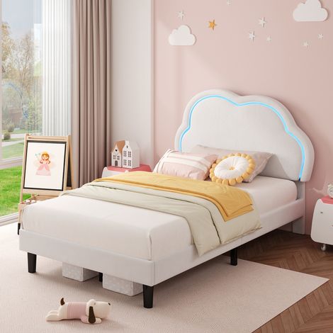 3FT Single Upholstered Bed with LED Adjustable Cute Cloud Headboard, Soft Velvet Bed Frame with Solid Wood Slat, No Box Spring Needed, Cream White (No Mattress) (1/5)