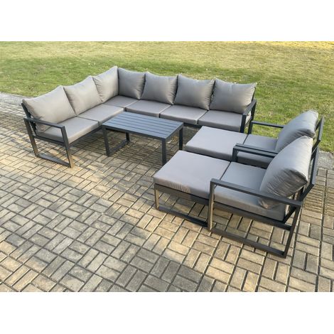 Fimous Aluminum 10 Seater Outdoor Lounge Corner Sofa Set Garden Furniture Sets with Oblong Coffee Table 2 Chairs 2 Big Footstool Dark Grey (1/5)