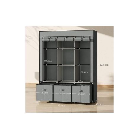 Armoire en tissu avec penderie, étagères et tiroirs, 125 x 43 x 162,5 cm, gris clair (1/5)