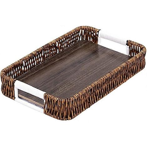Plateau de service rectangulaire rotin tressé avec poignées, base bois, panier rangement osier tressé main décoratif 11 x 7 x 1 cm (1/5)