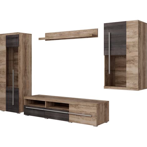 Composition murale BRAZZA – Meuble TV, vitrines et étagère – Noyer satin design (1/2)