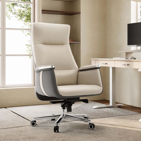 Fauteuil bureau haut dossier pivotant, assise large en simili cuir ergonomique. Charge max 136kg, teinte gris acier, parfait pour bureau domestique