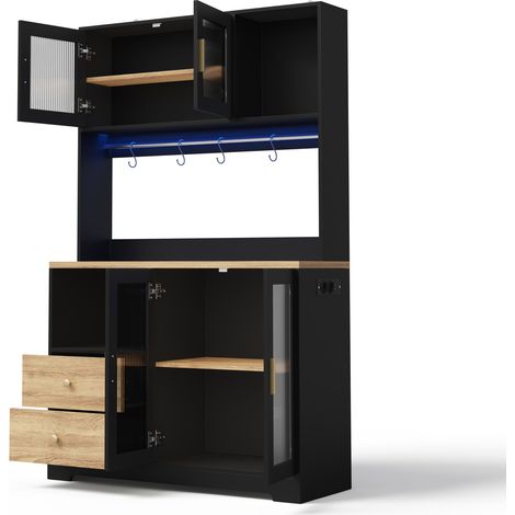 Armoire haute de cuisine 178 cm avec LED, prises intégrées, portes vitrées trempées et plan de travail renforcé noir et imitation bois (1/5)