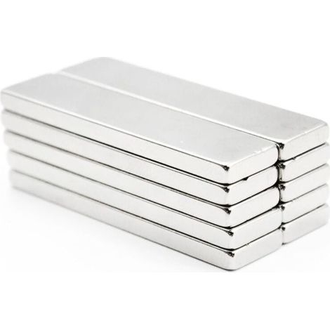 Pack de de 10 aimants en néodyme rectangulaires - Argenté - Barre magnétique de terre rare - Destiné à cuisine, XU, Tableaux blancs, Réfrigérateurs - 40 x 10 x 3 mm - KZQ (1/4)
