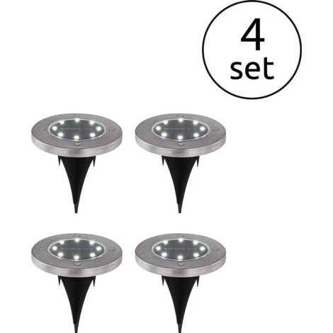 Vier solarbetriebene Leuchten aus Edelstahl mit je acht LED-Perlen, die weißes Licht erzeugen. (1/5)