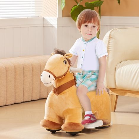 Caballito eléctrico infantil 69x34x53 cm, con música, control por asa, asiento acolchado, poliéster marrón (1/5)
