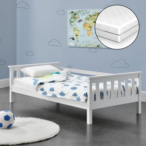 Letto per Bambino con Materasso Ipoallergenico a Schiuma Fredda 80x160 cm Letto di Design Moderno in Legno di Pino con Testiera e Pediera - Bianco (1/5)