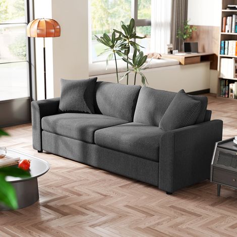 3-Sitzer-Sofa mit Zierkissen, Cordsofa für Wohnzimmer, Schlafzimmer, 212 cm breit, Dunkelgrau