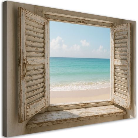 Tableau déco Vue depuis la fenêtre sur la plage Shabby chic 100x70 (1/4)