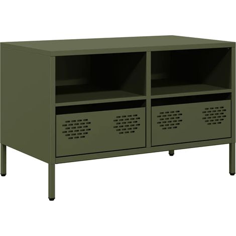 Meuble TV industriel avec rangement 68 x 39 x 43 cm 2 tiroirs et 2 compartiments en acier laminé à froid vert olive (1/5)