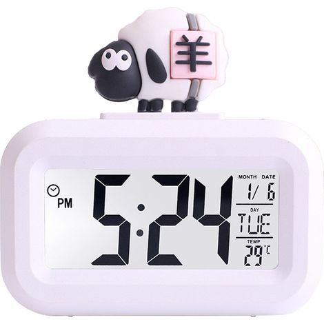 Cute electronic clock with LED screen, electronic desktop alarm, data, time, calendar, temperature, clock, white sheep (1/5)