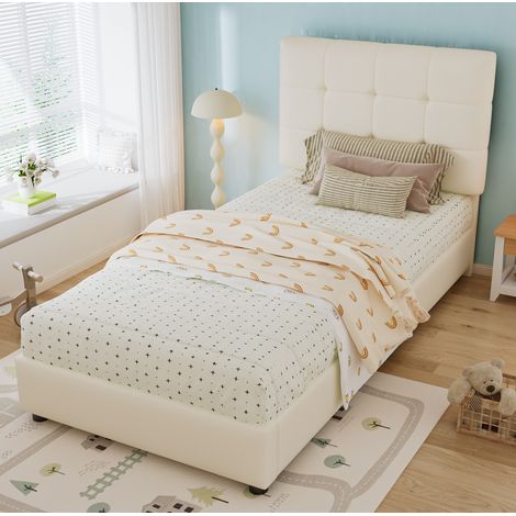 Letto singolo per bambini 90x200 cm in PU e metallo beige, con doghe, senza materasso FloraGrace (1/5)