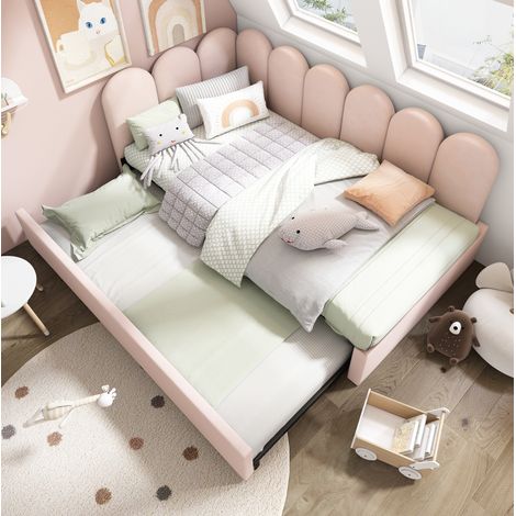 Lit banquette en velours rose 90x200 cm avec lit gigogne 90x190 cm, dossier rembourré (1/5)