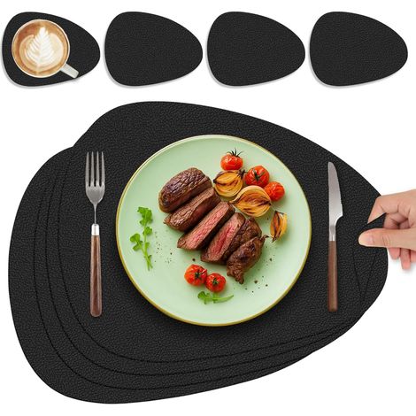 Lot de 4 sets de table ovales en cuir lavable, double face, antidérapants, noir. (1/5)