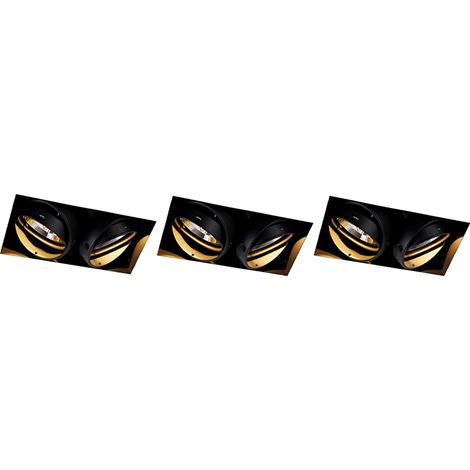 QAZQA Moderno Set de 3 focos empotrables negros GU10 AR111 sin marco 2-luces - Oneon Acero Rectangular Adecuado para LED Max. 2 x 50 Watt