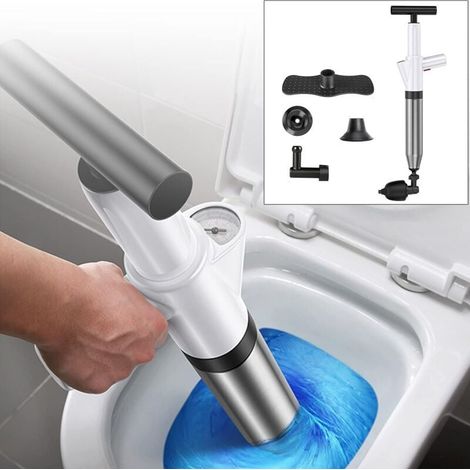 Déboucheur de Toilette Haute Pression avec 4 Têtes Remplaçables Déboucheur à Pompe wc Déboucheur de Canalisation pour Toilettes, Évier Drain de sol, Tuyau Obstrué et Baignoire (Blanc) (1/5)