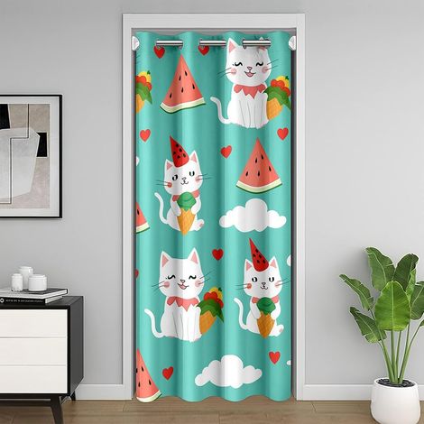 Rideau de porte motif chat blanc - 150 x 203 cm - Rouge pastèque - Fruits - Rideau de porte - Pour enfants, adolescents, adultes, Kawaii, animal, nuage et cœur - Impression - Pour chambre à coucher - (1/5)