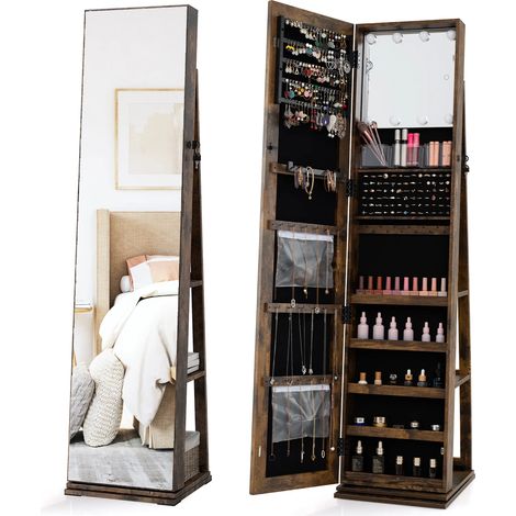 Armoire à bijoux marron rustique pivotante à 360 avec miroir pleine longueur et éclairage LED pour chambre, dressing et entrée (1/5)